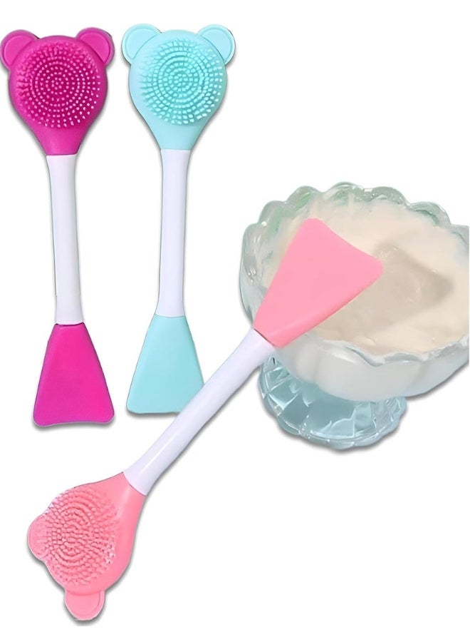 فرشاة تنظيف الوجه المصنوعة من السيليكون الناعم 2 في 1 - فرشاة تقشير وقناع للوجه بتصميم دب لطيف للعناية اليومية بالبشرة - قطعتان - Image 1